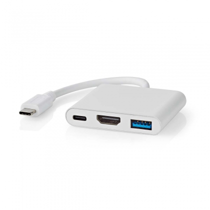 USB Multi-Port Adapter | 3-in-1 | USB 3.2 Gen 1 | USB-C™ Male | HDMI™ Output / USB-A Female / USB-C™ Female | 5 Gbps | 0.10 m | Rond | Vernikkeld | PVC | Wit | Doos