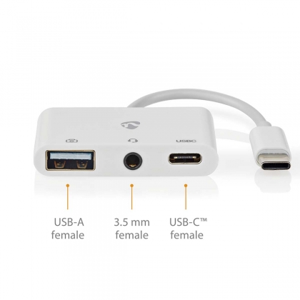 USB Multi-Port Adapter | USB 2.0 | USB-C™ Male | USB-A Female / USB-C™ Female / 3,5 mm Female | 480 Mbps | 0.10 m | Rond | Vernikkeld | PVC | Wit | Doos