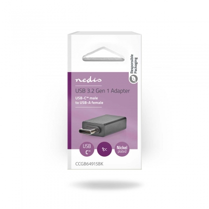 USB-C™ Adapter | USB 3.2 Gen 1 | USB-C™ Male | USB-A Female | 5 Gbps | OTG | Rond | Vernikkeld | Zwart | Doos