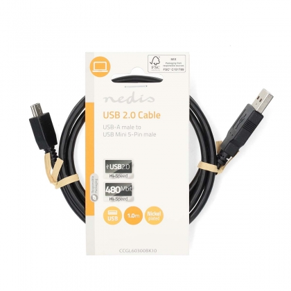USB-Kabel | USB 2.0 | USB-A Male | USB Mini-B 5-Pins Male | 480 Mbps | Vernikkeld | 1.00 m | Rond | PVC | Zwart | Label