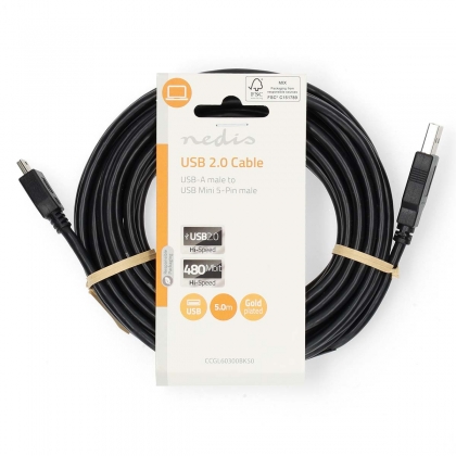 USB-Kabel | USB 2.0 | USB-A Male | USB Mini-B 5-Pins Male | 480 Mbps | Vernikkeld | 5.00 m | Rond | PVC | Zwart | Label