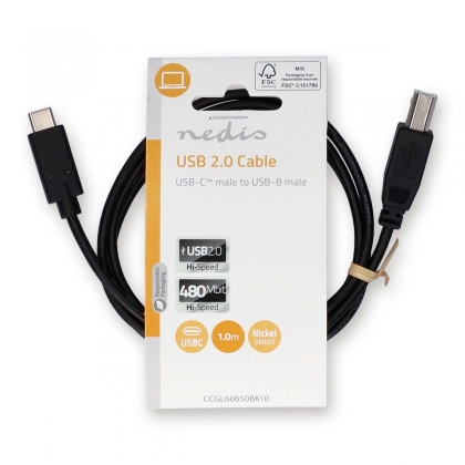 USB-Kabel | USB 2.0 | USB-C™ Male | USB-B Male | 480 Mbps | Vernikkeld | 1.00 m | Rond | PVC | Zwart | Label