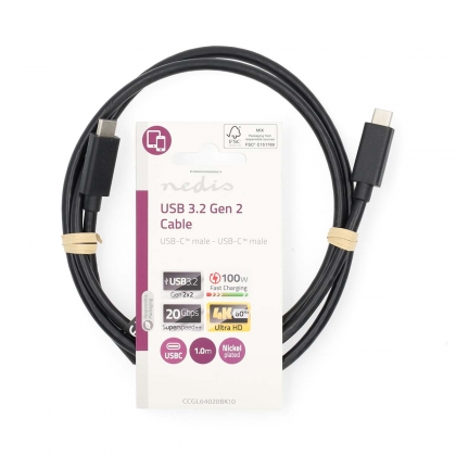 USB-Kabel | USB 3.2 Gen 2x2 | USB-C™ Male | USB-C™ Male | 100 W | 4K@60Hz | 20 Gbps | Vernikkeld | 1.00 m | Rond | PVC | Zwart | Label