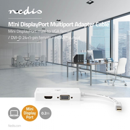 DisplayPort-Adapter | Mini-DisplayPort Male | DVI-D 24+1-Pins Female / HDMI™ Output / VGA Female 15p | 4K@60Hz | Vernikkeld | Schakelbaar | 0.20 m | Rond | ABS | ABS | Wit | Polybag