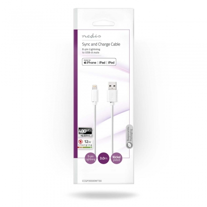 Lightning Kabel | USB 2.0 | Apple Lightning 8-Pins | USB-A Male | 480 Mbps | Vernikkeld | 3.00 m | Rond | PVC | Wit | Polybag