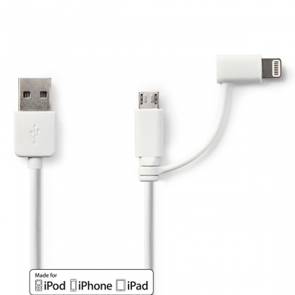 2-in-1-Kabel | USB 2.0 | USB-A Male | Apple Lightning 8-Pins / USB Micro-B Male | 480 Mbps | 1.00 m | Vernikkeld | Rond | PVC | Wit | Polybag