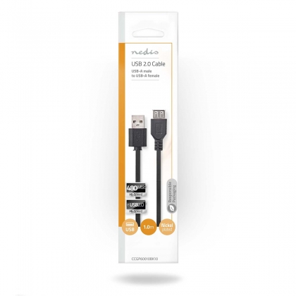 USB-Kabel | USB 2.0 | USB-A Male | USB-A Female | 480 Mbps | Vernikkeld | 1.00 m | Rond | PVC | Zwart | Polybag
