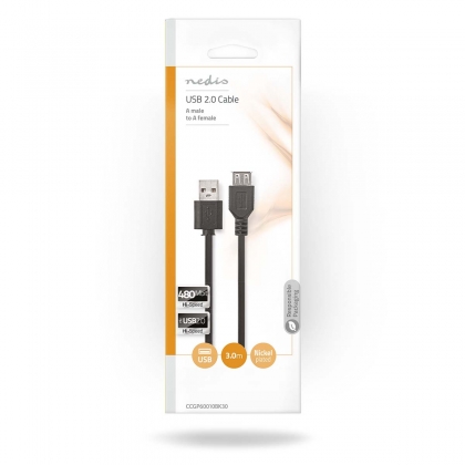 USB-Kabel | USB 2.0 | USB-A Male | USB-A Female | 480 Mbps | Vernikkeld | 3.00 m | Rond | PVC | Zwart | Envelop