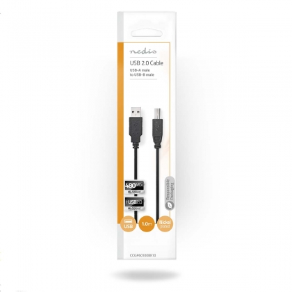 USB-Kabel | USB 2.0 | USB-A Male | USB-B Male | 10 W | 480 Mbps | Vernikkeld | 1.00 m | Rond | PVC | Zwart | Envelop