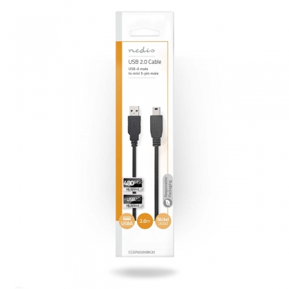 USB-Kabel | USB 2.0 | USB-A Male | USB Mini-B 5-Pins Male | 480 Mbps | Vernikkeld | 2.00 m | Rond | PVC | Zwart | Envelop