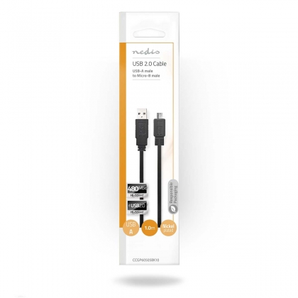 USB-Kabel | USB 2.0 | USB-A Male | USB Micro-B Male | 480 Mbps | Vernikkeld | 1.00 m | Plat | PVC | Zwart | Envelop