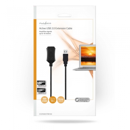 Actieve USB-Kabel | USB 2.0 | USB-A Male | USB-A Female | 480 Mbps | 10.0 m | Rond | Vernikkeld | PVC | Koper | Envelop