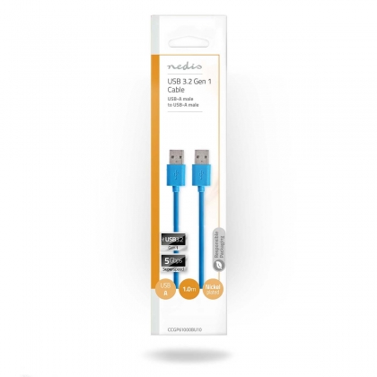 USB-Kabel | USB 3.2 Gen 1 | USB-A Male | USB-A Male | 5 Gbps | Vernikkeld | 1.00 m | Rond | PVC | Blauw | Polybag