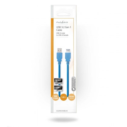 USB-Kabel | USB 3.2 Gen 1 | USB-A Male | USB-A Female | 5 Gbps | Vernikkeld | 1.00 m | Rond | PVC | Blauw | Polybag