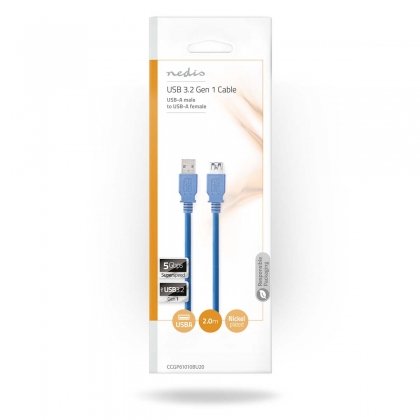 USB-Kabel | USB 3.2 Gen 1 | USB-A Male | USB-A Female | 5 Gbps | Vernikkeld | 2.00 m | Rond | PVC | Blauw | Envelop