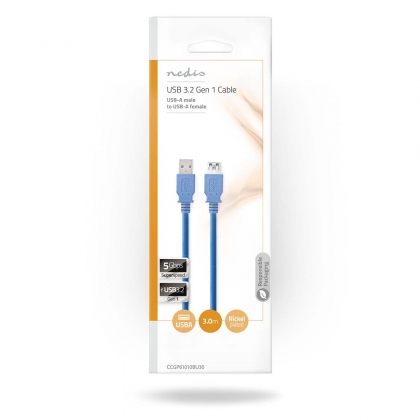 USB-Kabel | USB 3.2 Gen 1 | USB-A Male | USB-A Female | 5 Gbps | Vernikkeld | 3.00 m | Rond | PVC | Blauw | Envelop