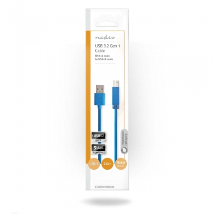 USB-Kabel | USB 3.2 Gen 1 | USB-A Male | USB-B Male | 5 Gbps | Vernikkeld | 2.00 m | Rond | PVC | Blauw | Envelop