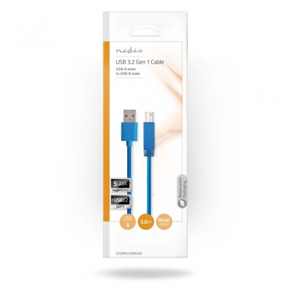 USB-Kabel | USB 3.2 Gen 1 | USB-A Male | USB-B Male | 5 Gbps | Vernikkeld | 3.00 m | Rond | PVC | Blauw | Envelop