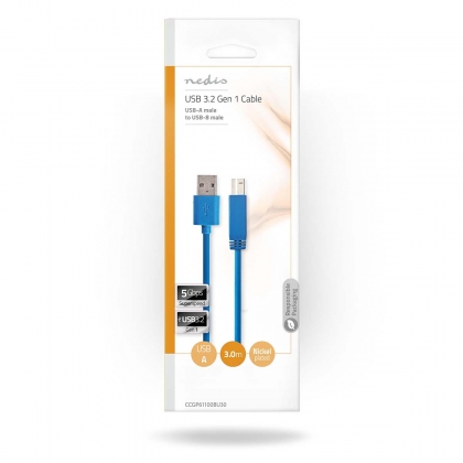 USB-Kabel | USB 3.2 Gen 1 | USB-A Male | USB-B Male | 5 Gbps | Vernikkeld | 3.00 m | Rond | PVC | Blauw | Polybag