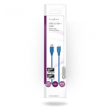 USB-Kabel | USB 3.2 Gen 1 | USB-A Male | USB Micro-B Male | 5 Gbps | Vernikkeld | 1.00 m | Rond | PVC | Blauw | Envelop