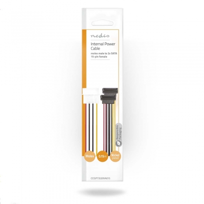 Interne Voedingskabel | Molex Male | 2x SATA 15-Pins Female | Verguld | 0.15 m | Rond | PVC | Multicolour | Envelop