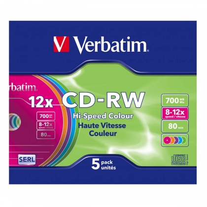 CD-RW 8-12x 700MB kleuren 5 Pack Slim Case