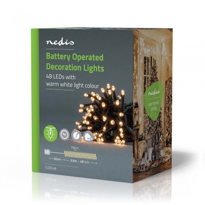 Kerstverlichting | Koord | 48 LED's | Warm Wit | 3.60 m | Licht effecten: 7 | Binnen & Buiten | Batterij Gevoed