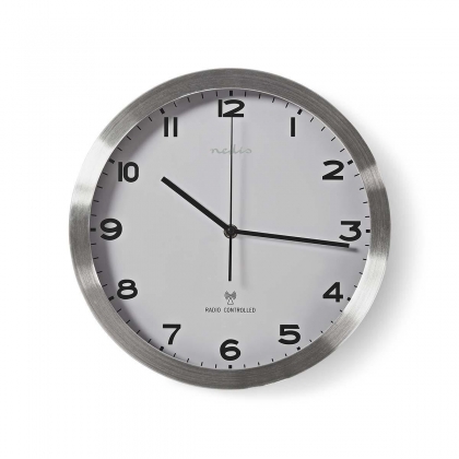 Wandklok | Diameter: 300 mm | Aluminium / Kunststof | Radiogestuurde tijd | Wit / Zilver