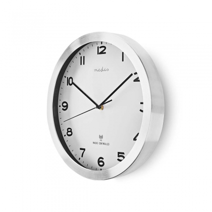 Wandklok | Diameter: 300 mm | Aluminium / Kunststof | Radiogestuurde tijd | Wit / Zilver
