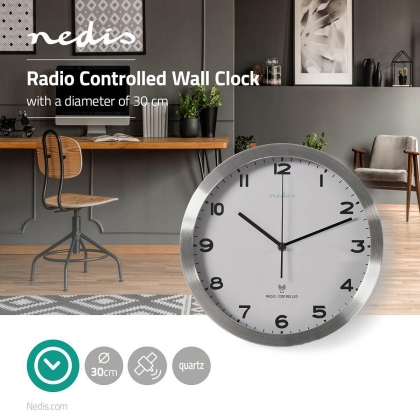 Wandklok | Diameter: 300 mm | Aluminium / Kunststof | Radiogestuurde tijd | Wit / Zilver
