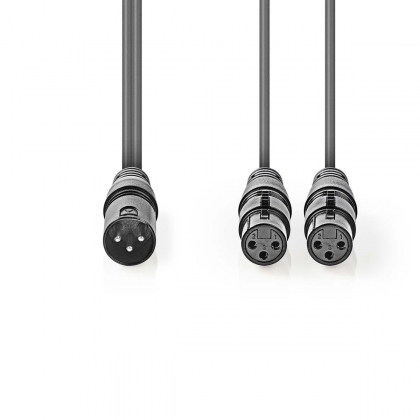 Gebalanceerde Audiokabel | XLR 3-Pins Male | 2x XLR 3-Pins Female | Vernikkeld | 1.50 m | Rond | PVC | Donkergrijs | Kartonnen Sleeve