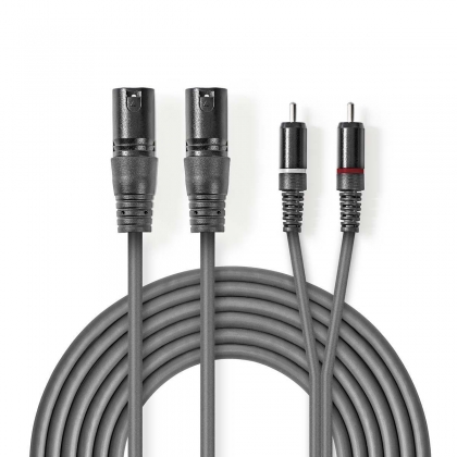 Gebalanceerde Audiokabel | 2x XLR 3-Pins Male | 2x RCA Male | Vernikkeld | 3.00 m | Rond | PVC | Donkergrijs | Kartonnen Sleeve