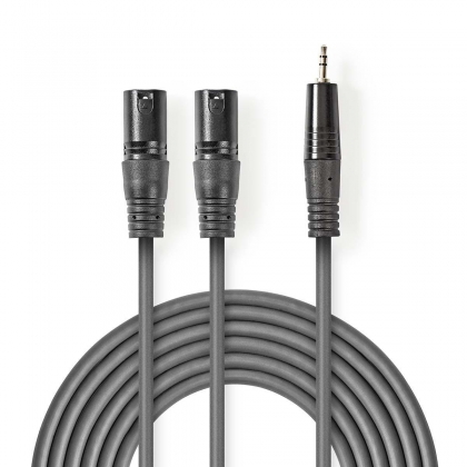 Gebalanceerde Audiokabel | 2x XLR 3-Pins Male | 3,5 mm Male | Vernikkeld | 3.00 m | Rond | PVC | Donkergrijs | Kartonnen Sleeve