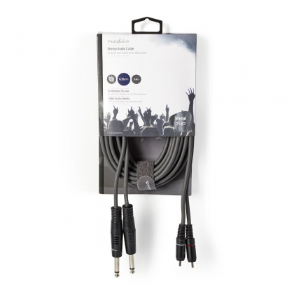 Stereo-Audiokabel | 2x 6,35 mm Male | 2x RCA Male | Vernikkeld | 5.00 m | Rond | Donkergrijs | Kartonnen Sleeve