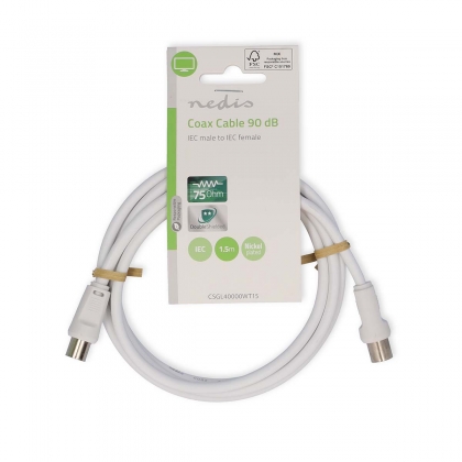 Coaxkabel | IEC (Coax) Male | IEC (Coax) Female | Vernikkeld | 90 dB | 75 Ohm | Dubbel Afgeschermd | 1.50 m | Rond | PVC | Wit | Label