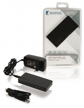 4 Poorten Hub USB 3.0 zwart incl. voeding