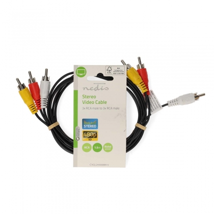 Composiet Videokabel | 3x RCA Male | 3x RCA Male | Vernikkeld | 480p | 1.50 m | Rond | PVC | Zwart | Label