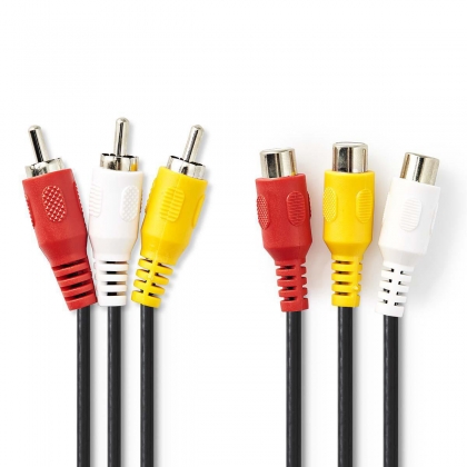 Composiet Videokabel | 3x RCA Male | 3x RCA Female | Vernikkeld | 480p | 2.00 m | Rond | PVC | Zwart | Envelop