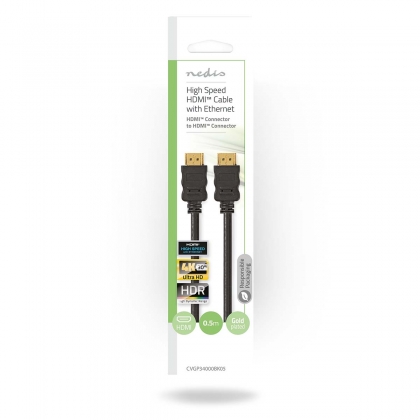 High Speed ​​HDMI™-Kabel | 0.50 m | met Ethernet | HDMI™ Connector | HDMI™ Connector | 4K@30Hz | ARC | 10.2 Gbps | Rond | PVC | Zwart | Envelop