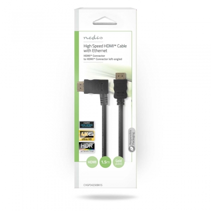 High Speed ​​HDMI™-Kabel met Ethernet | Links Gehoekte HDMI™ Connector | HDMI™ Connector | 4K@30Hz | 10.2 Gbps | 1.50 m | Rond | PVC | Zwart | Polybag