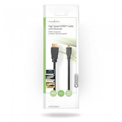 High Speed ​​HDMI™-Kabel met Ethernet | HDMI™ Connector | HDMI™ Micro-Connector | 4K@30Hz | 10.2 Gbps | 1.50 m | Rond | PVC | Zwart | Envelop