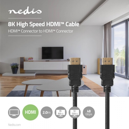 Ultra High Speed ​​HDMI™-Kabel | HDMI™ Connector | HDMI™ Connector | 8K@60Hz | 48 Gbps | 2.00 m | Rond | 6.5 mm | Zwart | Polybag