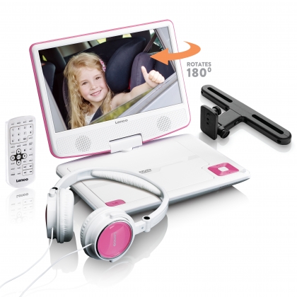 Draagbare 9" DVD-speler met USB-koptelefoon en montagebeugel Roze