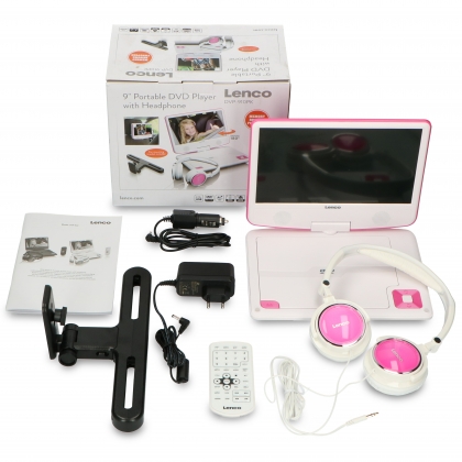 Draagbare 9" DVD-speler met USB-koptelefoon en montagebeugel Roze