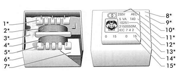 INGEGOTEN TRANSFORMATOR 5VA  1 x 7.5V / 1 x 0.667A