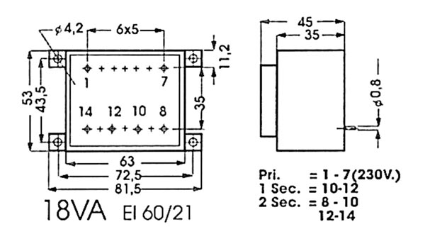 ENCAPSULATED TRANSFORMER 18VA 2 x 6V / 2 x 1.667A