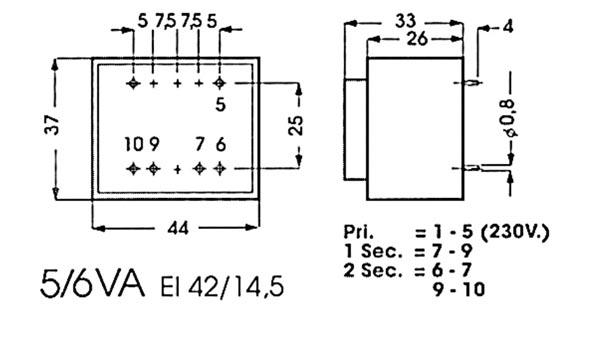 INGEGOTEN TRANSFORMATOR 5VA  1 x 7.5V / 1 x 0.667A