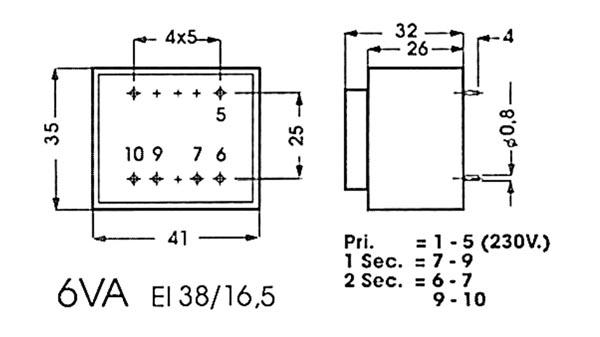 INGEGOTEN TRANSFORMATOR 6VA  1 x 12V / 1 x 0.500A