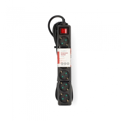 Stekkerdoos | Randaarde stekker / Type F (CEE 7/7) | 6-wegs | 5.00 m | 3680 W | 16 A | Soort aarding: Zijcontacten | 230 V AC 50/60 Hz | Hoek van stopcontact: 45 ° | H05VV-F 3G 1,5 mm² | Aan/uit knop | Zwart
