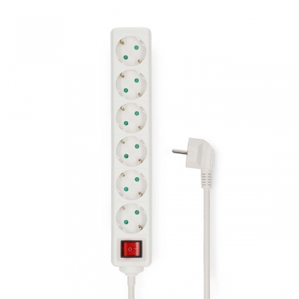 Stekkerdoos | Randaarde stekker / Type F (CEE 7/7) | 6-wegs | 5.00 m | 3680 W | 16 A | Soort aarding: Zijcontacten | 230 V AC 50/60 Hz | Hoek van stopcontact: 45 ° | H05VV-F 3G 1,5 mm² | Aan/uit knop | Wit